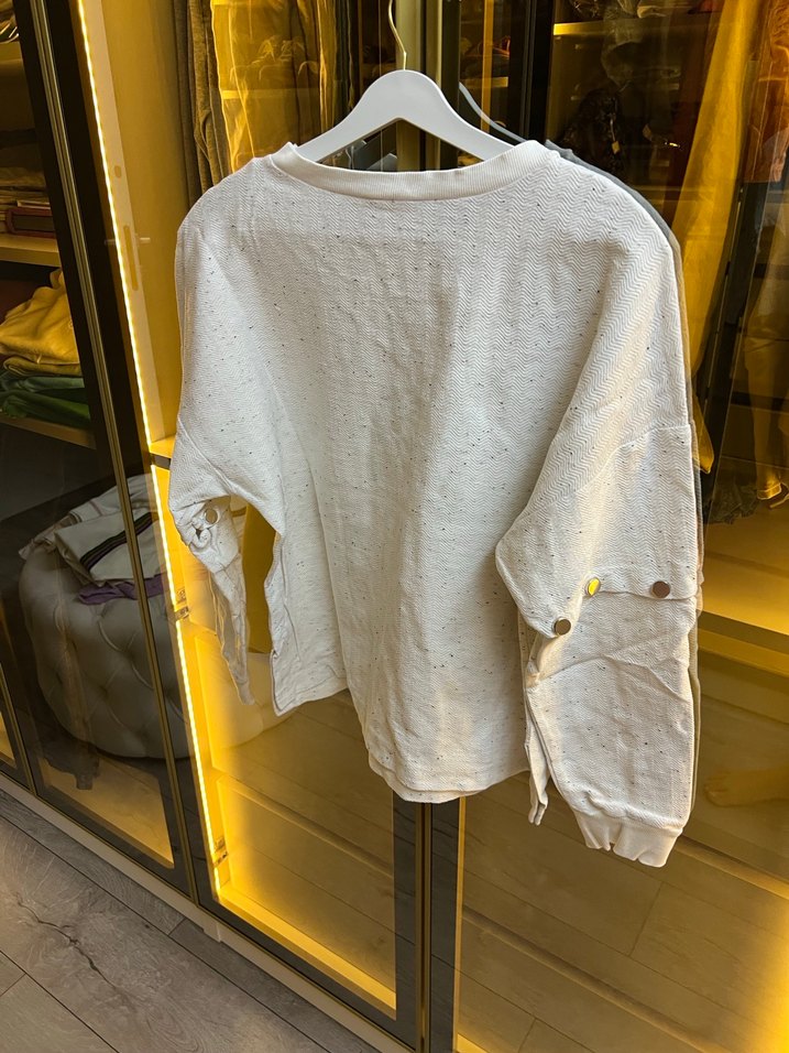 Beyaz Uzun Kollu Keten Salaş Sweatshirt - Görsel 4