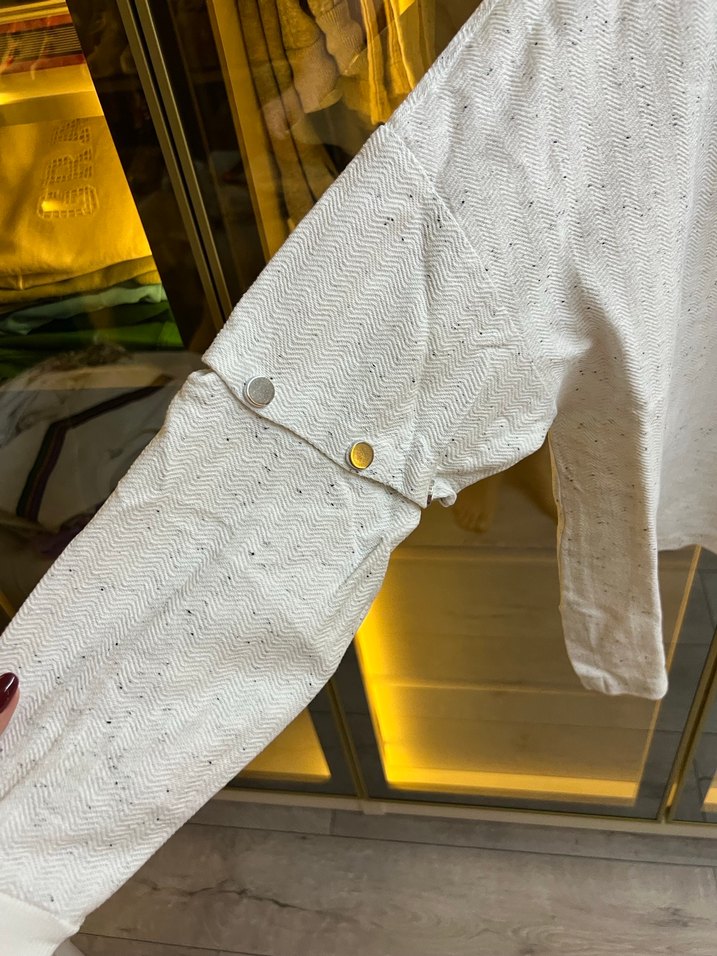 Beyaz Uzun Kollu Keten Salaş Sweatshirt - Görsel 3