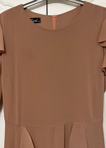 Uzun Kollu Fırfırlı Bej Kadın Elbise - Görsel 2