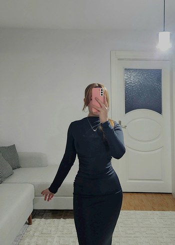 m Beden drape detaylı füme elbise