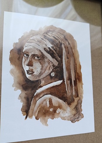 Diğer granül kahveyle yapılmış inci küpeli kız Sanat Tablosu
