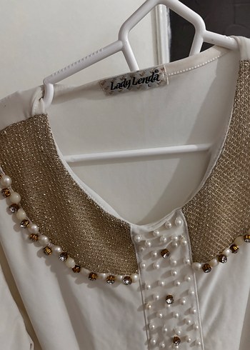 Uzun Kollu Beyaz taşlı ve simli Tunik - Görsel 4