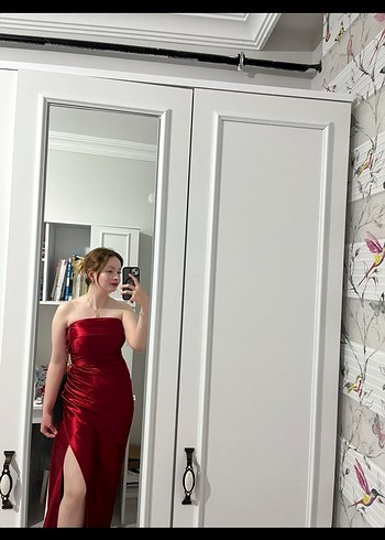 Parlak Kırmızı Straplez Midi Elbise - Görsel 3