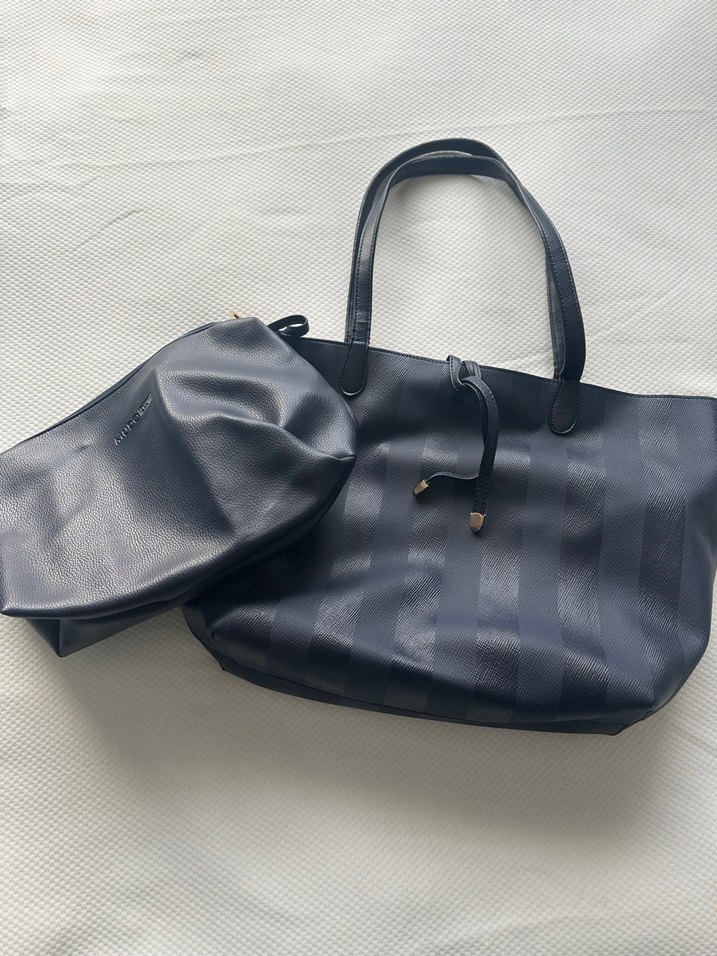 Lacivert  Deri Çizgili Omuz Çantası - Görsel 4