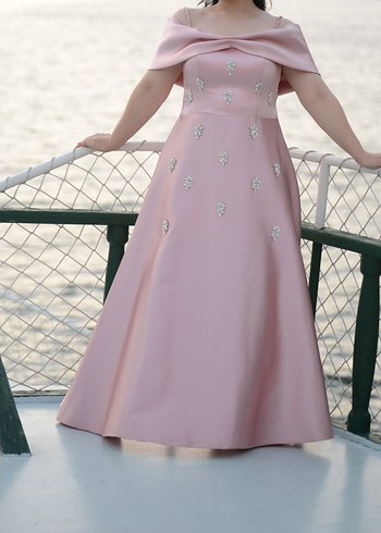 Pembe Drapeli İşlemeli  Abiye Elbise Taç hediyeli - Görsel 7