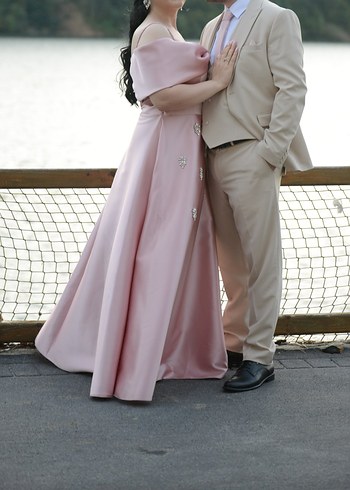 Pembe Drapeli İşlemeli  Abiye Elbise Taç hediyeli - Görsel 5