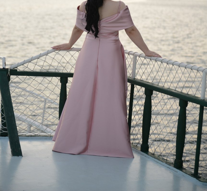 Pembe Drapeli İşlemeli  Abiye Elbise Taç hediyeli - Görsel 4