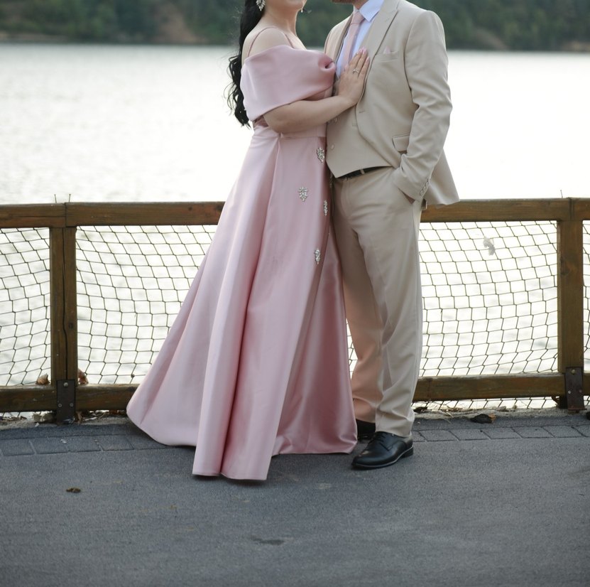 Pembe Drapeli İşlemeli  Abiye Elbise Taç hediyeli - Görsel 5