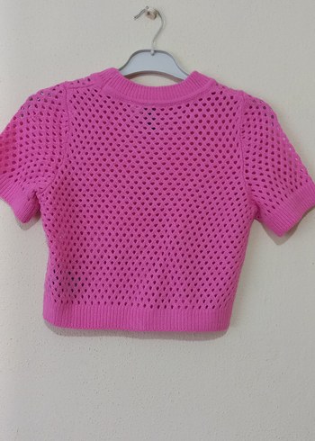 Pembe Kısa Kollu Örgü Crop Kazak - Görsel 2