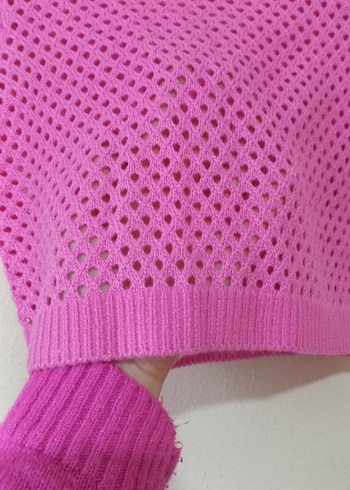 Pembe Kısa Kollu Örgü Crop Kazak - Görsel 3