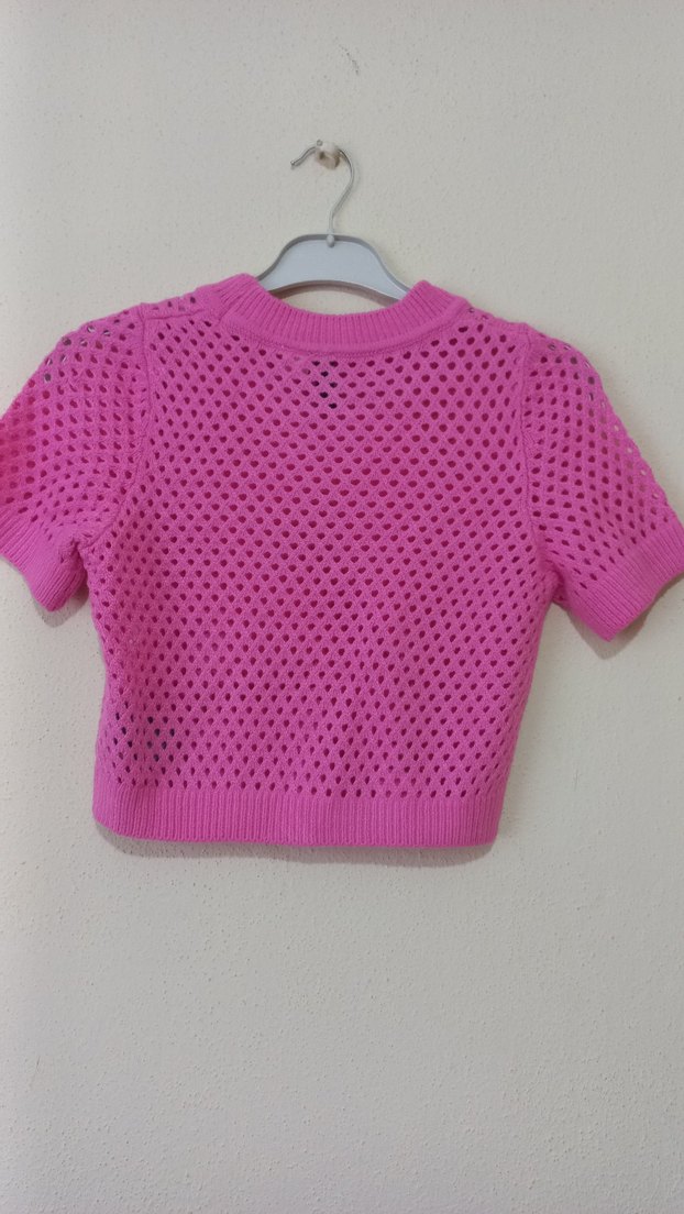 Pembe Kısa Kollu Örgü Crop Kazak - Görsel 2