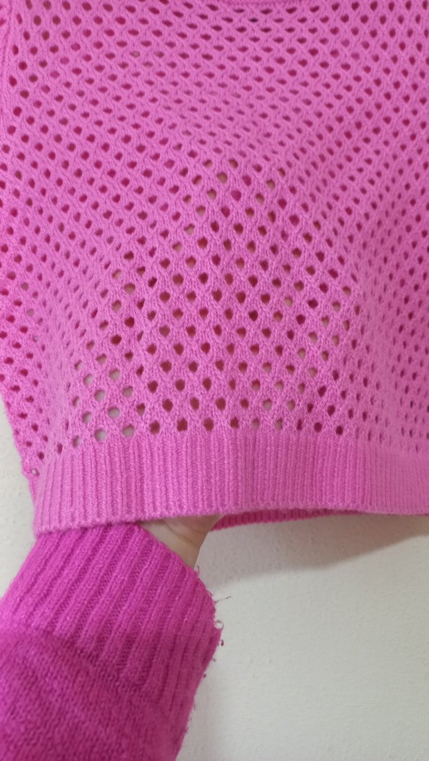 Pembe Kısa Kollu Örgü Crop Kazak - Görsel 3