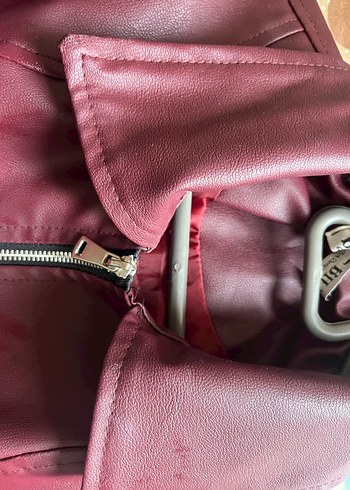 m Beden Bordo Oversize Deri Kadın Ceket Fermuarlı