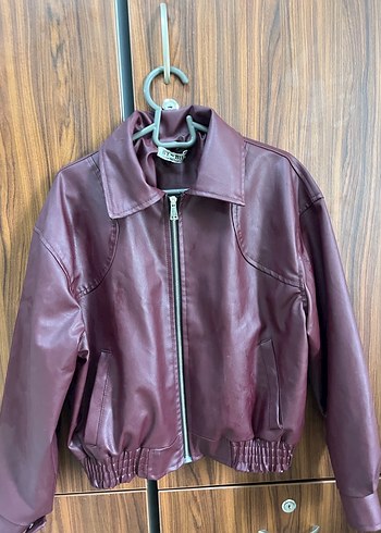 m Beden bordo Renk Bordo Oversize Deri Kadın Ceket Fermuarlı