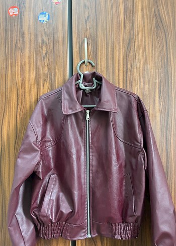 Bordo Oversize Deri Kadın Ceket Fermuarlı