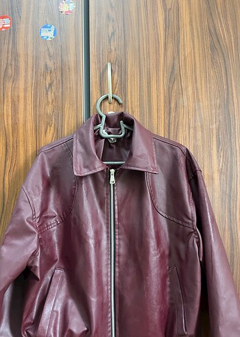 Bershka Bordo Oversize Deri Kadın Ceket Fermuarlı
