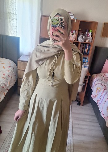 Düğmeli yeşil Uzun pamuklu Elbise