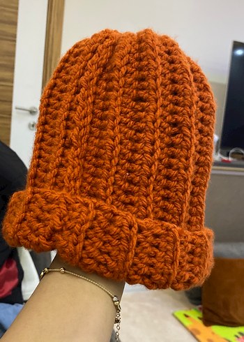 Turuncu el Örgüsü Kadın Bere - Görsel 2