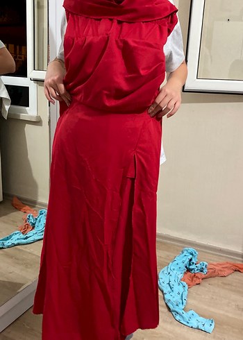 Parlak Kırmızı Drapeli Straplez Maxi Elbise - Görsel 5