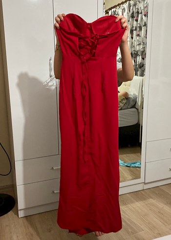 Parlak Kırmızı Drapeli Straplez Maxi Elbise - Görsel 4