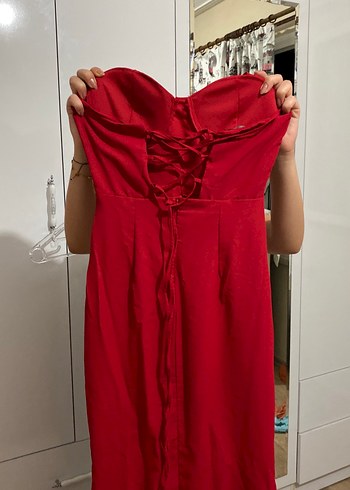 Parlak Kırmızı Drapeli Straplez Maxi Elbise - Görsel 3