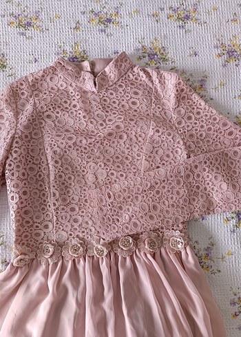 Dantel Detaylı Pembe Vintage Abiye Elbise