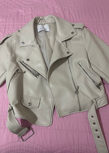 Stradivarius Krem Deri Biker Ceket