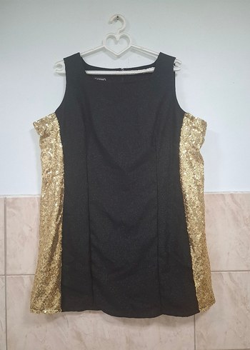 Gusto Siyah Altın Renkli Payetli Mini Elbise
