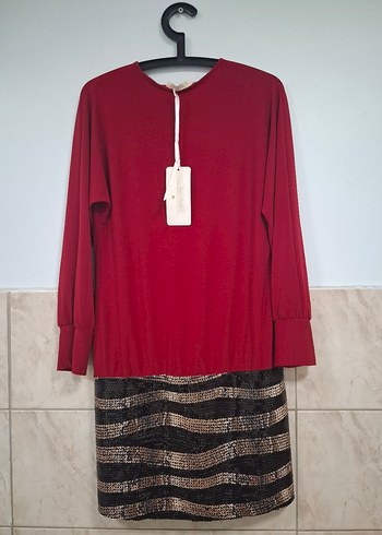 Kırmızı Etek Kısmı Pul İşlemeli Astarlı Mini Elbise - Görsel 11