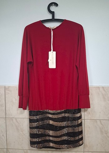 Kırmızı Etek Kısmı Pul İşlemeli Astarlı Mini Elbise - Görsel 9