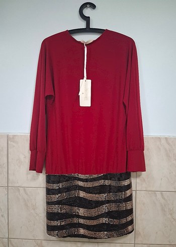 Kırmızı Etek Kısmı Pul İşlemeli Astarlı Mini Elbise - Görsel 8