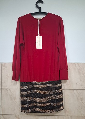 Kırmızı Etek Kısmı Pul İşlemeli Astarlı Mini Elbise - Görsel 10