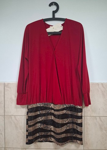 Kırmızı Etek Kısmı Pul İşlemeli Astarlı Mini Elbise - Görsel 6