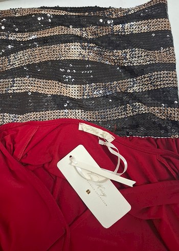 Kırmızı Etek Kısmı Pul İşlemeli Astarlı Mini Elbise - Görsel 13