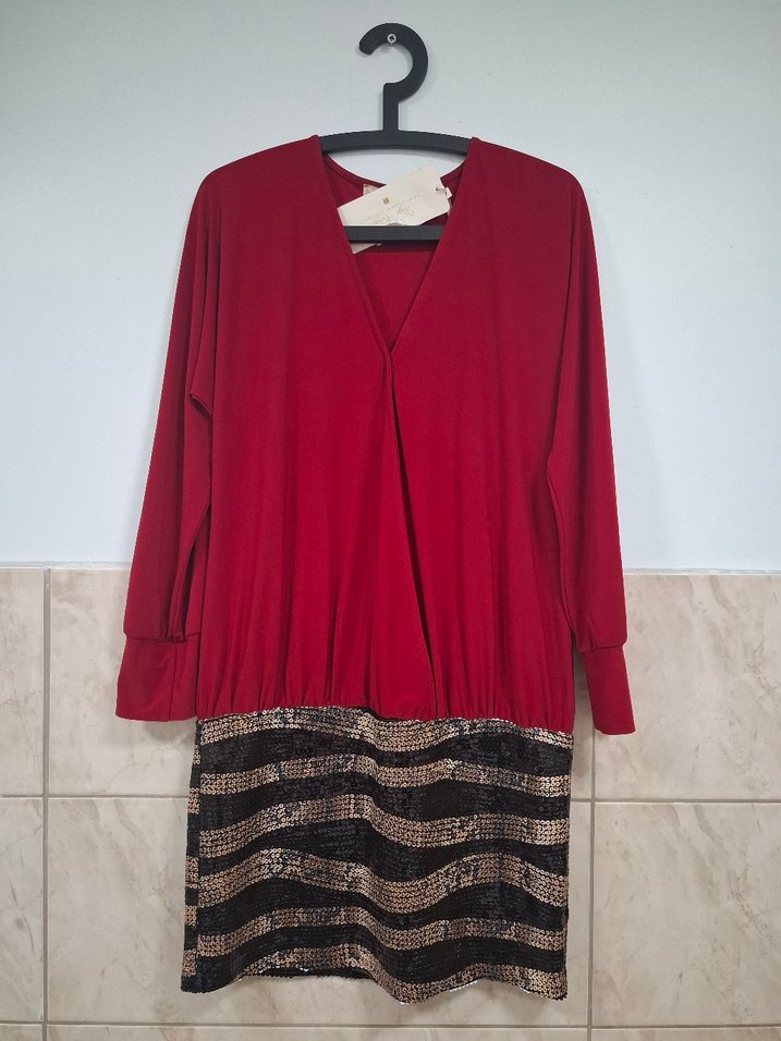 Kırmızı Etek Kısmı Pul İşlemeli Astarlı Mini Elbise - Görsel 3