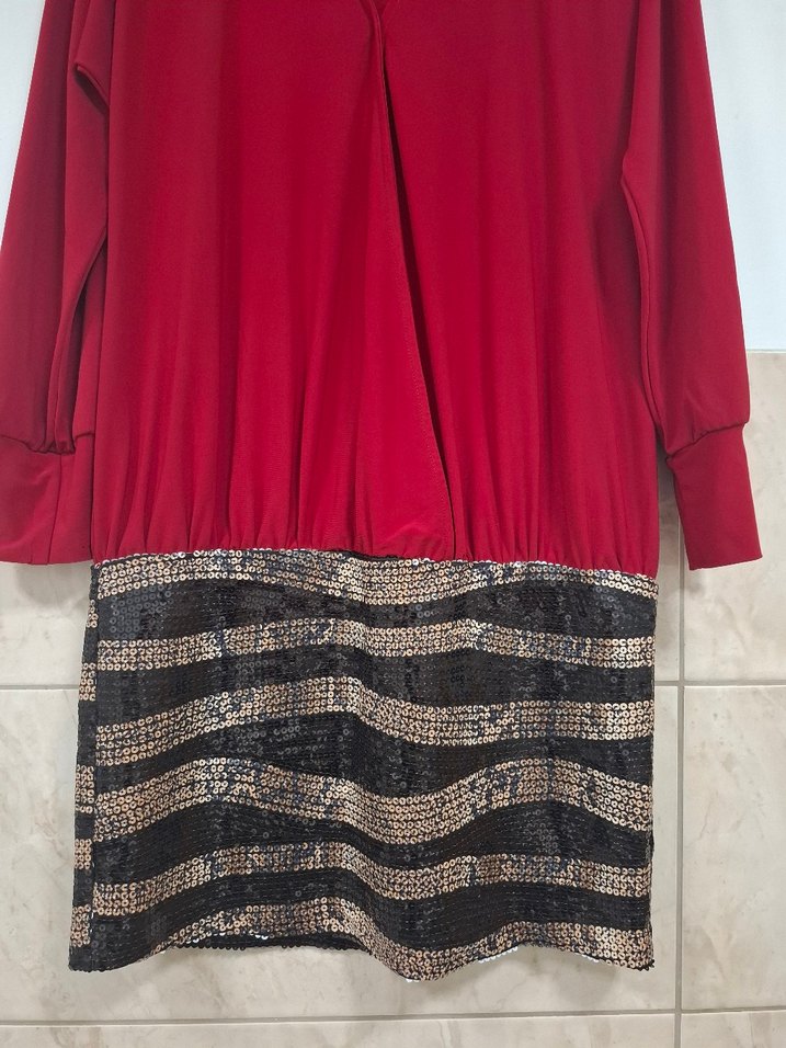 Kırmızı Etek Kısmı Pul İşlemeli Astarlı Mini Elbise - Görsel 5