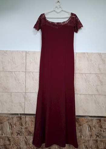 xl Beden Bordo Dantel İşlemeli Uzun Abiye Elbise