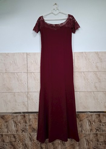xl Beden bordo Renk Bordo Dantel İşlemeli Uzun Abiye Elbise