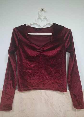 xs Beden bordo Renk Bordo Süet Drapeli V Yakalı Mini Bluz