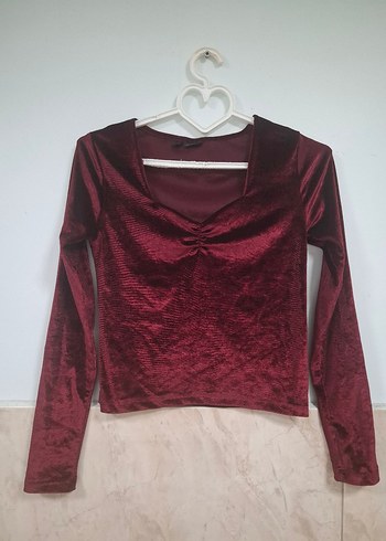 xs Beden Bordo Süet Drapeli V Yakalı Mini Bluz