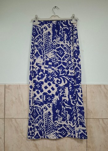 m Beden mavi Renk Mavi Bağlama Desenli Uzun Bohem Etek