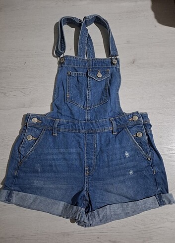 Kutaf askılı duble paça denim kadın salopet şort tulum - Görsel 2