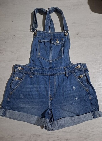 Kutaf askılı duble paça denim kadın salopet şort tulum - Görsel 3