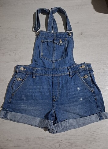 Kutaf askılı duble paça denim kadın salopet şort tulum - Görsel 4