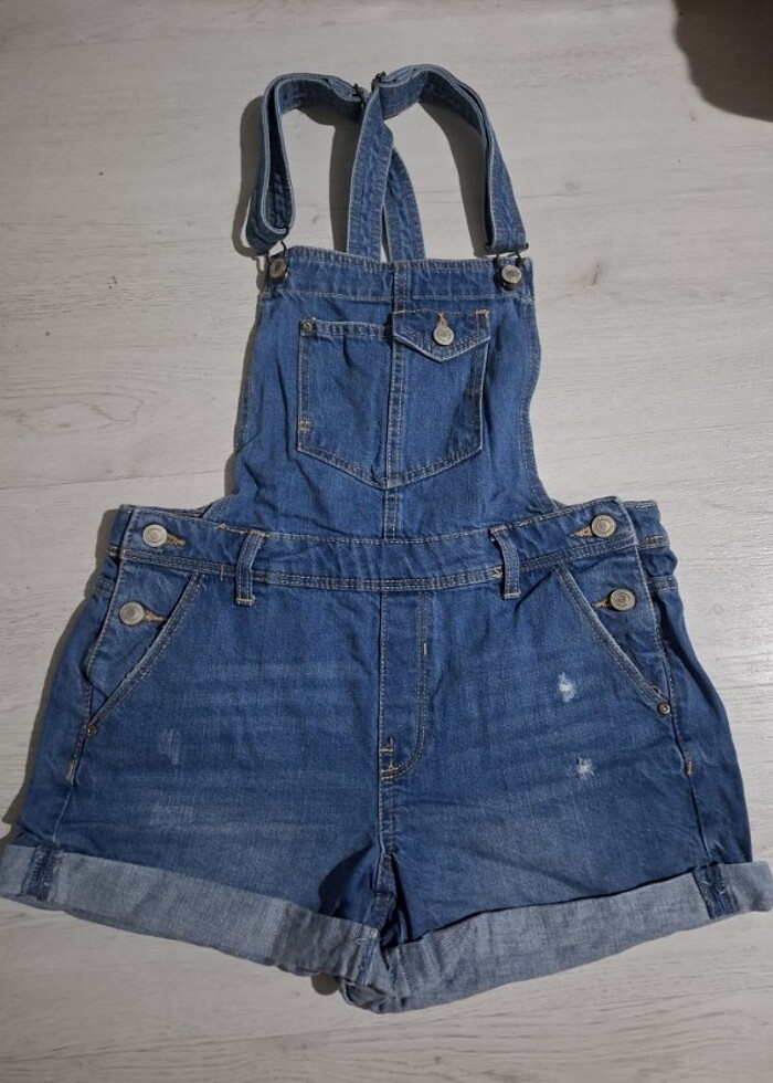 Kutaf askılı duble paça denim kadın salopet şort tulum - Görsel 2