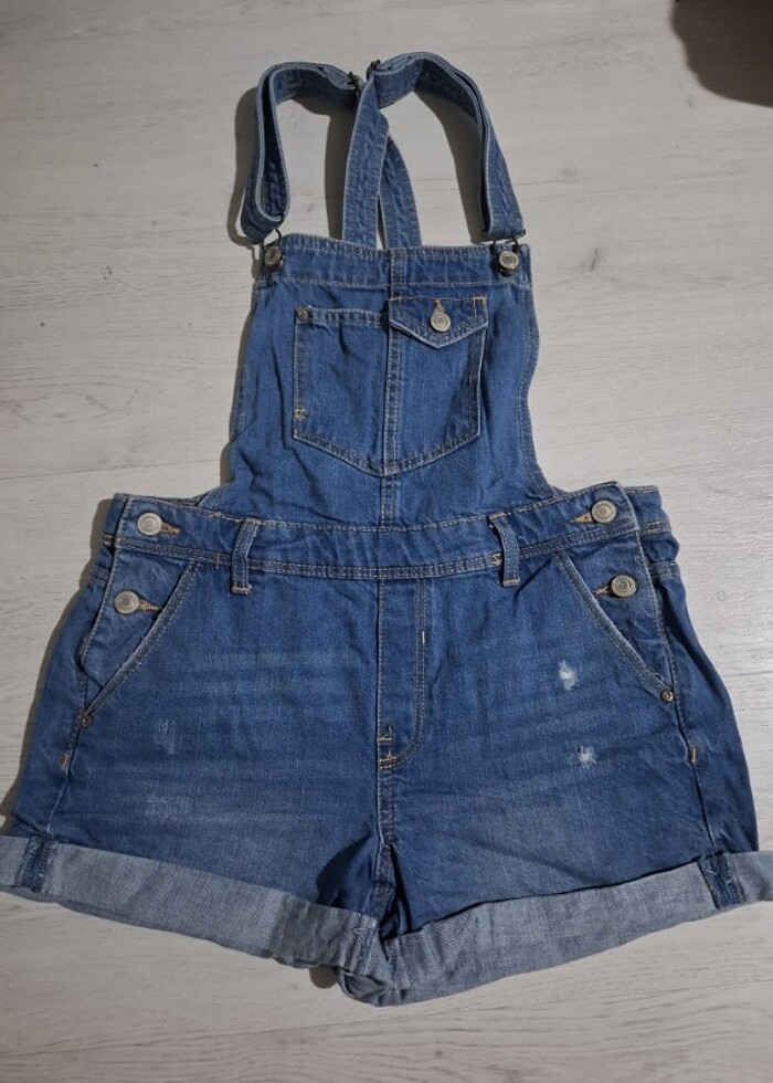 Kutaf askılı duble paça denim kadın salopet şort tulum - Görsel 3