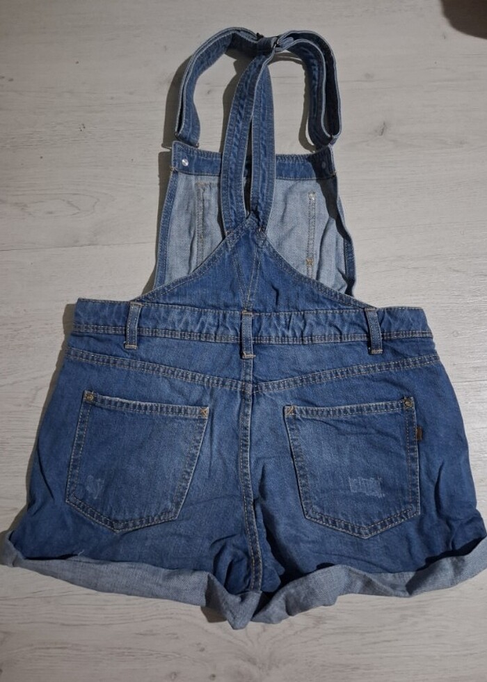 Kutaf askılı duble paça denim kadın salopet şort tulum - Görsel 5