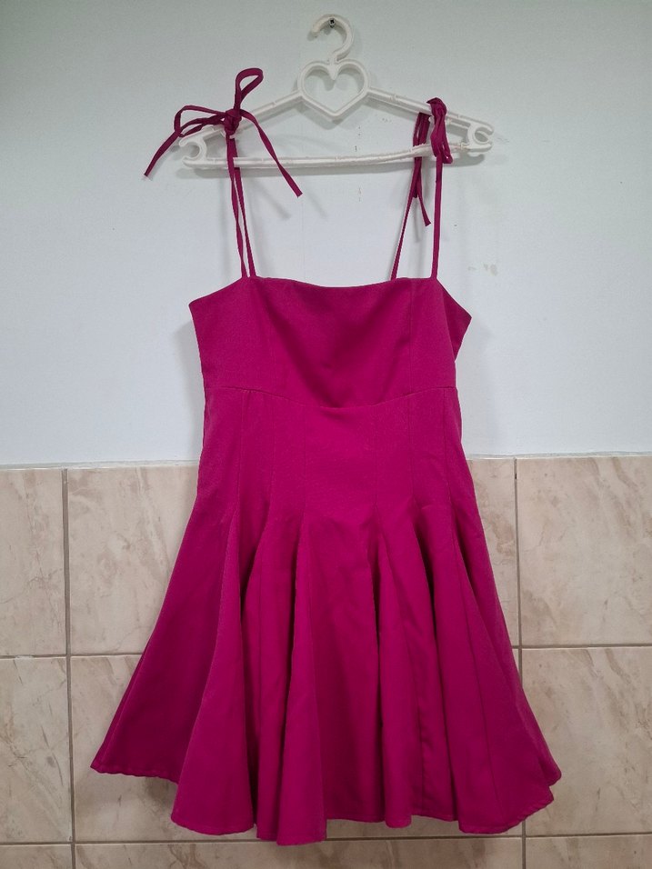 Pembe Mini Straplez Modern Klasik Elbise - Görsel 3