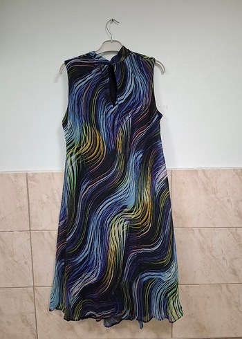 Uzun, Askısız, Bağlamalı Çok Renkli Salaş Elbise - Görsel 9