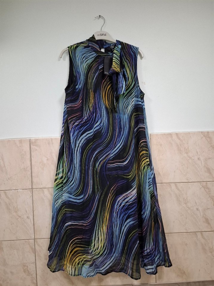 Uzun, Askısız, Bağlamalı Çok Renkli Salaş Elbise - Görsel 2